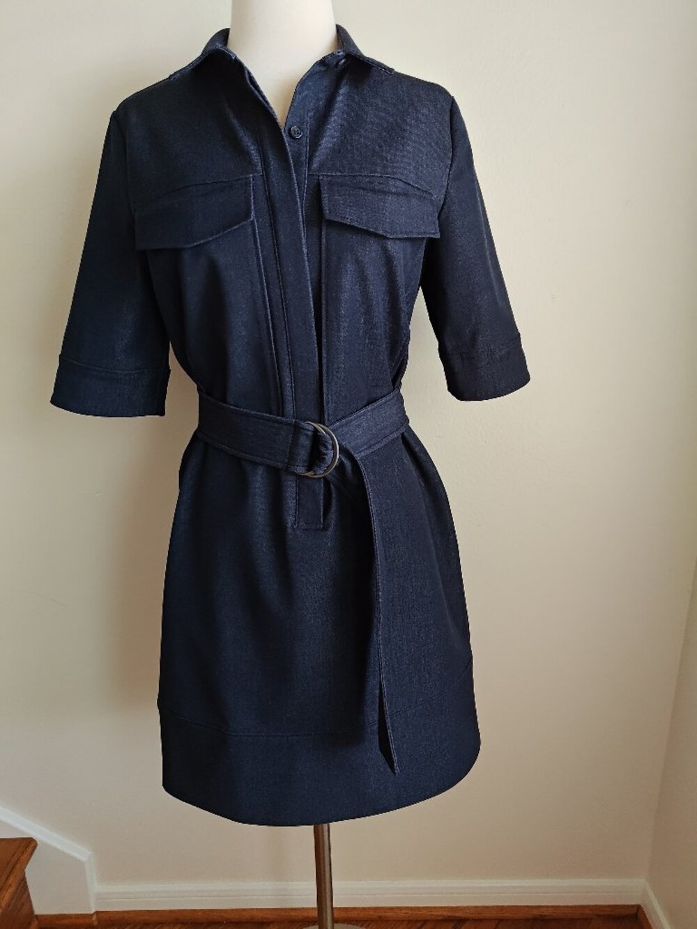 HALOGEN - XS - Denim Utility Dress Short Sleeves Belted Navy